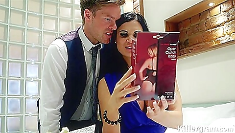 Busty brunette milf sucks and fucks toy in the bedroom