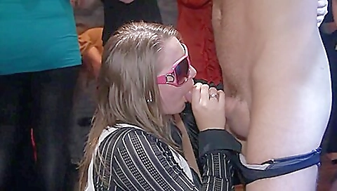 A blonde brunette in sexy lingerie gets fucked in a party