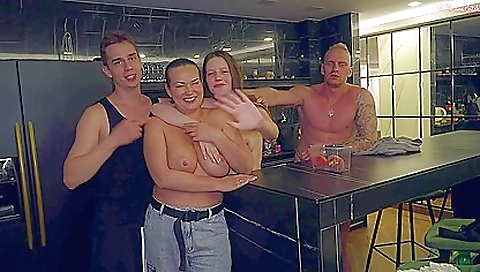 Two blondes and a guy in a threesome and a cumshot