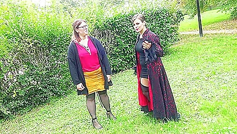 Mature women in sexy dresses are in a threesome with a big dick