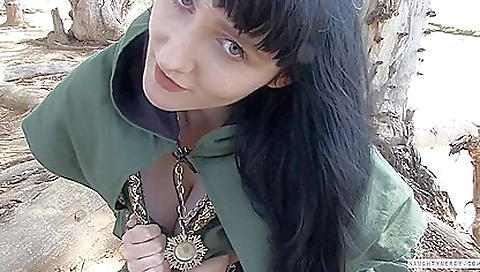 Sexy blondie is naked and riding his cock outdoors