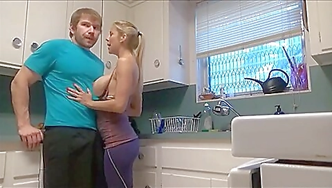 Big booty blonde gives a handjob and deepthroat to step son